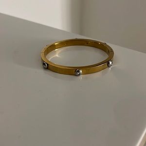 Henri Bendel Gold Metal Rivet Logo Crystal Bangle Bracelet